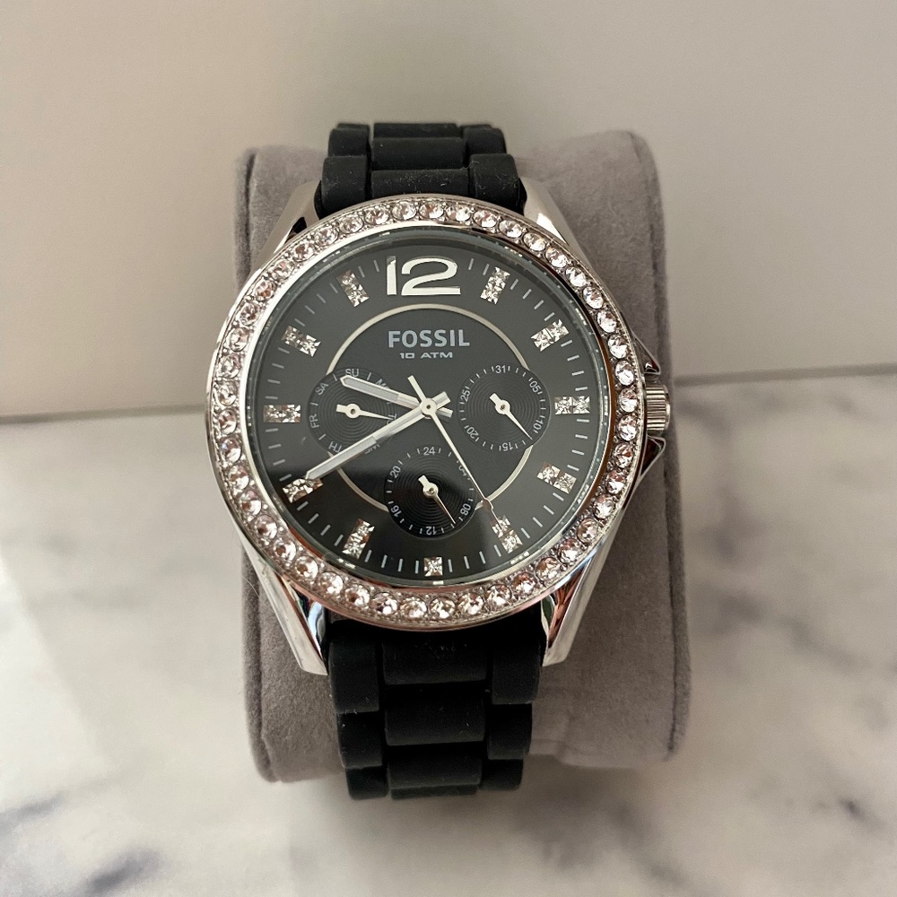 Black Fossil Oversized Face (“Boyfriend Style”) Watch with Pave Rhinestones
